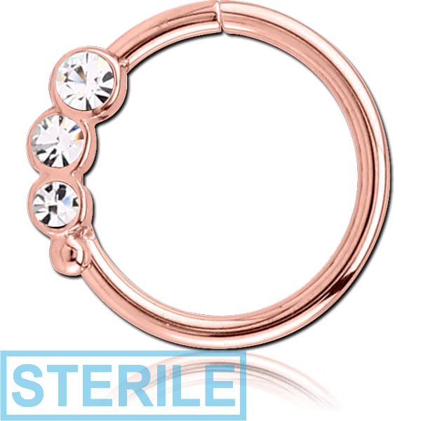 STERILE ROSE GOLD PVD COATED SURGICAL STEEL VALUE JEWELLED SEAMLESS RING - RIGHT - TRIPLE GEM