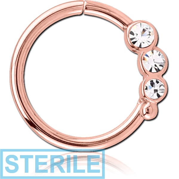 STERILE ROSE GOLD PVD COATED SURGICAL STEEL JEWELLED SEAMLESS RING - LEFT - TRIPLE GEM
