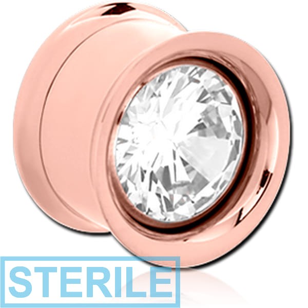 STERILE ROSE GOLD PVD COATED STAINLESS STEEL DOUBLE FLARED THREADED TUNNEL WITH REMOVABLE JEWELLED