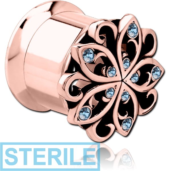 STERILE ROSE GOLD PVD COATED STAINLESS STEEL DOUBLE FLARED INTERNALLY THREADED JEWELLED TUNNEL