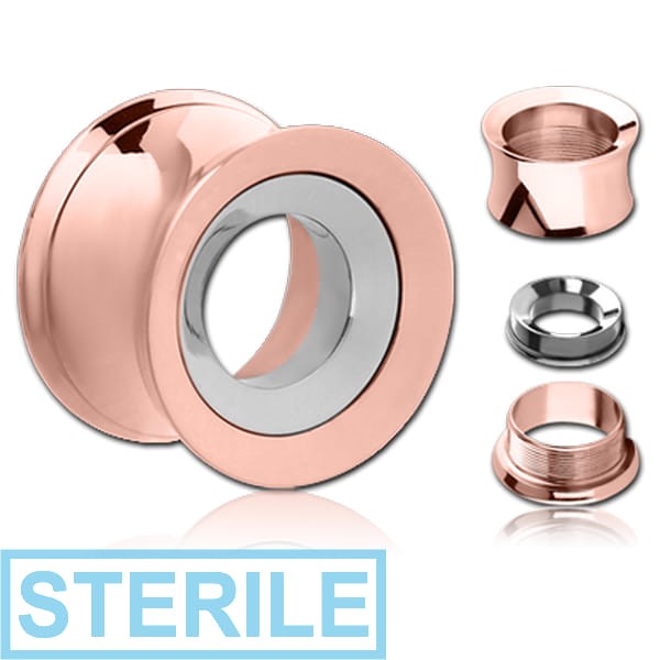 STERILE ROSE GOLD PVD COATED STAINLESS STEEL DOUBLE FLARED THREADED TUNNEL FOR REMOVABLE INSERT EMPTY PART