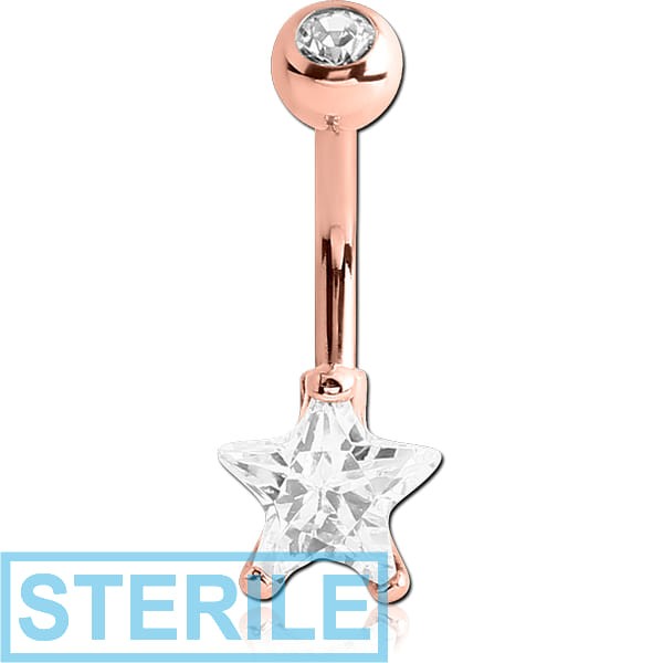 STERILE ROSE GOLD PVD COATED SURGICAL STEEL STAR 8MM CZ DOUBLE JEWLED NAVEL BANANA