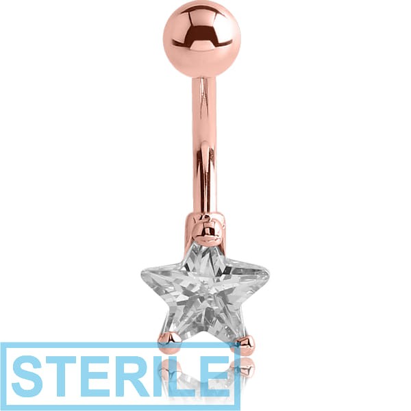 STERILE ROSE GOLD PVD COATED SURGICAL STEEL STAR PRONG SET 10MM CZ JEWELLED NAVEL BANANA