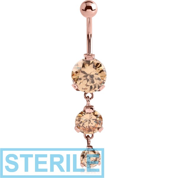 STERILE ROSE GOLD PVD COATED SURGICAL STEEL TRIPLE ROUND CZ JEWELLED WITH DANGLING NAVEL BANANA