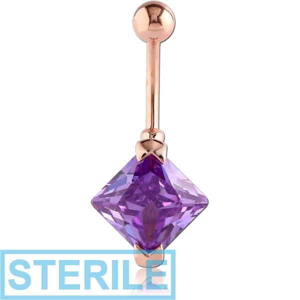 STERILE ROSE GOLD PVD COATED SURGICAL STEEL SQUARE PRONG SET 10MM CZ JEWELLED NAVEL BANANA