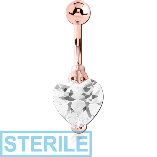 STERILE ROSE GOLD PVD COATED SURGICAL STEEL HEART PRONG SET 10MM CZ JEWELLED NAVEL BANANA