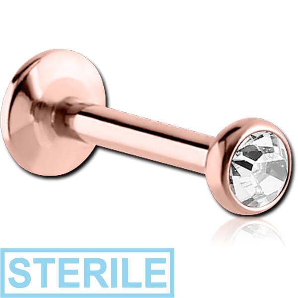 STERILE ROSE GOLD PVD COATED SURGICAL STEEL INTERNALLY THREADED LABRET WITH JEWELLED DISC