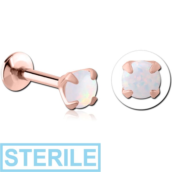 STERILE ROSE GOLD PVD COATED SURGICAL STEEL INTERNALLY THREADED MICRO LABRET WITH PRONG SET ROUND SYNTHETIC OPAL ATTACHMENT