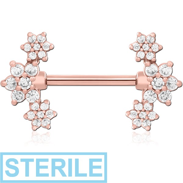 STERILE ROSE GOLD PVD COATED SURGICAL STEEL NIPPLE PIERCING INTERNAL THREADED BAR WITH MOVING CHARM FINE JEWELLED