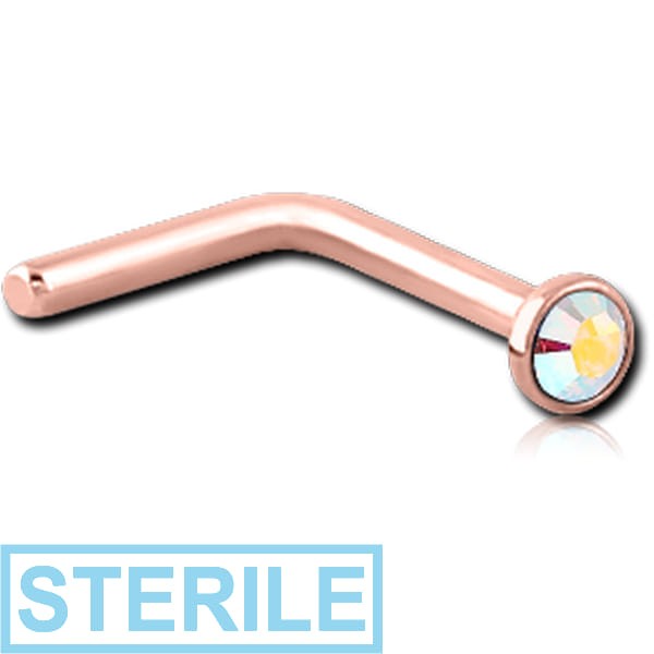 STERILE ROSE GOLD PVD COATED SURGICAL STEEL HIGH END CRYSTAL JEWELLED 90 DEGREE NOSE STUD
