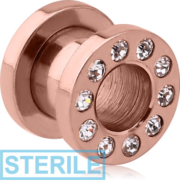 STERILE ROSE GOLD PVD COATED STAINLESS STEEL JEWELLED FLESH TUNNEL