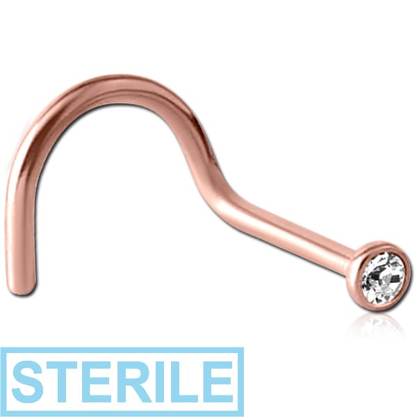 STERILE ROSE GOLD PVD COATED SURGICAL STEEL HIGH END CRYSTAL JEWELLED LARGE LEFT CURVE NOSE STUD