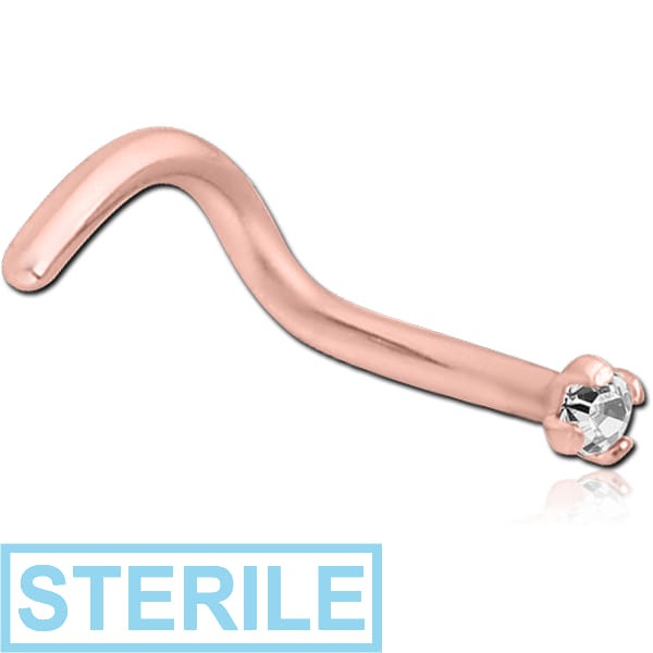 STERILE ROSE GOLD PVD COATED SURGICAL STEEL LARGE LEFT CURVED PRONG SET 1.5MM JEWELLED NOSE STUD