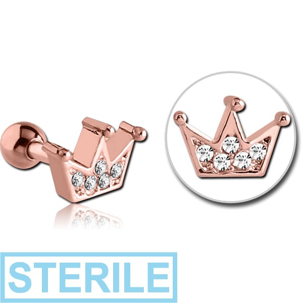 STERILE ROSE GOLD PVD COATED SURGICAL STEEL JEWELLED TRAGUS MICRO BARBELL - CROWN