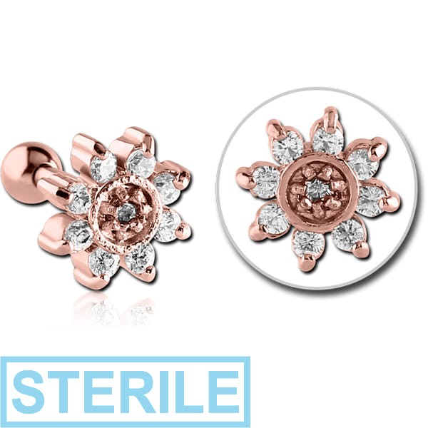 STERILE ROSE GOLD PVD COATED SURGICAL STEEL JEWELLED TRAGUS MICRO BARBELL - FLOWER