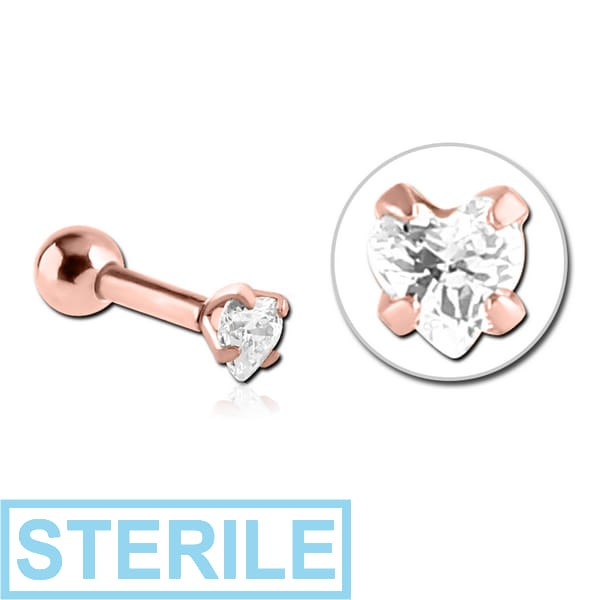 STERILE ROSE GOLD PVD COATED SURGICAL STEEL HEART PRONG SET JEWELLED TRAGUS MICRO BARBELL