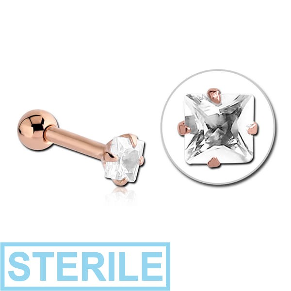 STERILE ROSE GOLD PVD COATED SURGICAL STEEL SQUARE PRONG SET JEWELLED TRAGUS MICRO BARBELL