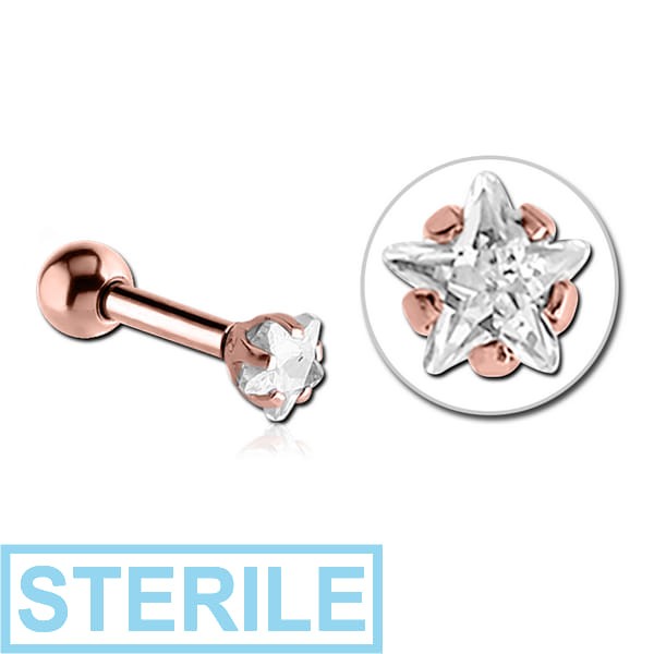 STERILE ROSE GOLD PVD COATED SURGICAL STEEL STAR PRONG SET JEWELLED TRAGUS MICRO BARBELL