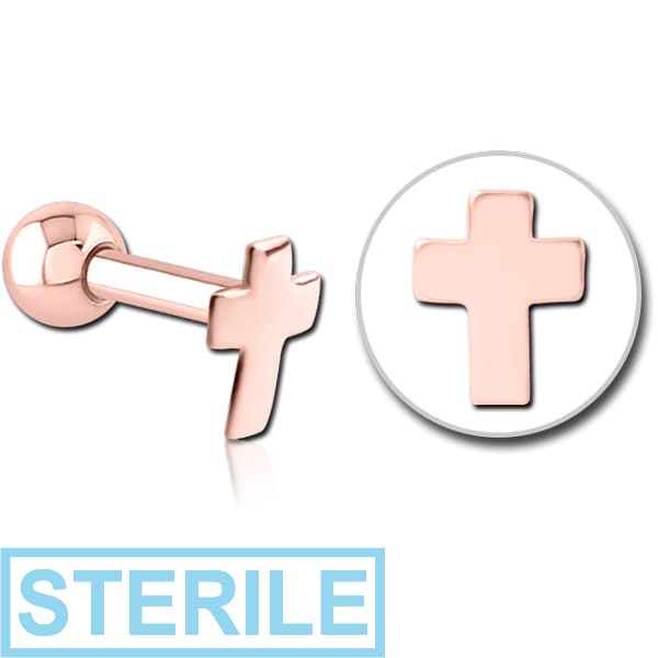 STERILE ROSE GOLD PVD COATED SURGICAL STEEL CROSS TRAGUS MICRO BARBELL