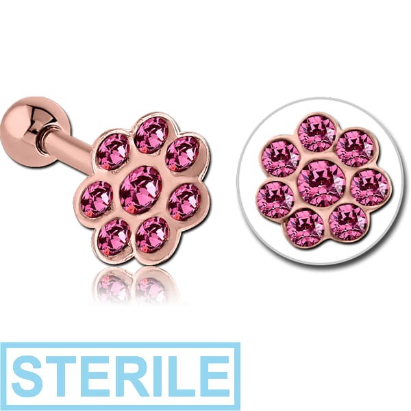 STERILE ROSE GOLD PVD COATED SURGICAL STEEL JEWELLED FLOWER TRAGUS MICRO BARBELL