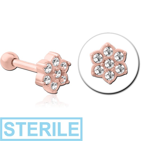 STERILE ROSE GOLD PVD COATED SURGICAL STEEL JEWELLED TRAGUS MICRO BARBELL - FLOWER