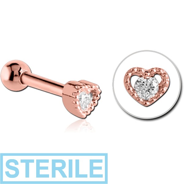 STERILE ROSE GOLD PVD COATED SURGICAL STEEL JEWELLED TRAGUS MICRO BARBELL - HEART