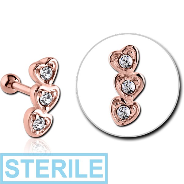 STERILE ROSE GOLD PVD COATED SURGICAL STEEL JEWELLED TRAGUS MICRO BARBELL - THREE HEARTS