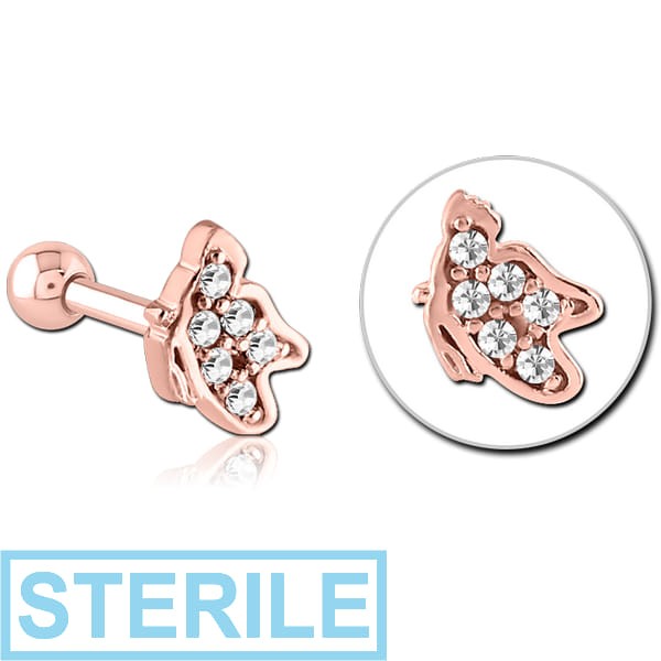 STERILE ROSE GOLD PVD COATED SURGICAL STEEL JEWELLED TRAGUS MICRO BARBELL - BUTTERFLY