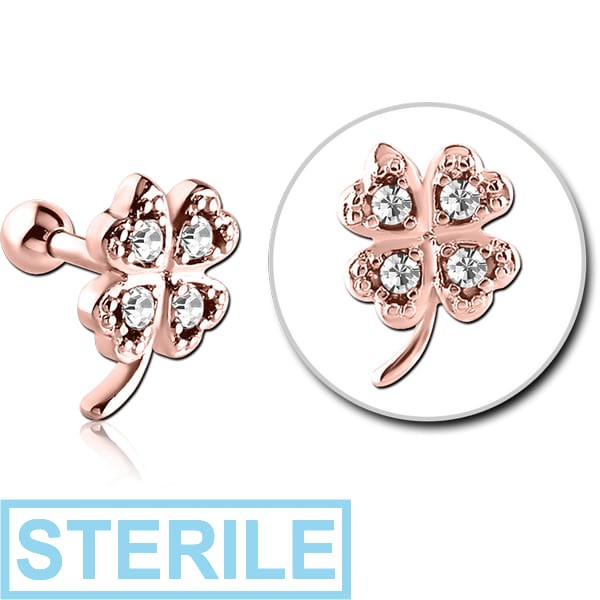 STERILE ROSE GOLD PVD COATED SURGICAL STEEL JEWELLED TRAGUS MICRO BARBELL - SHAMROCK