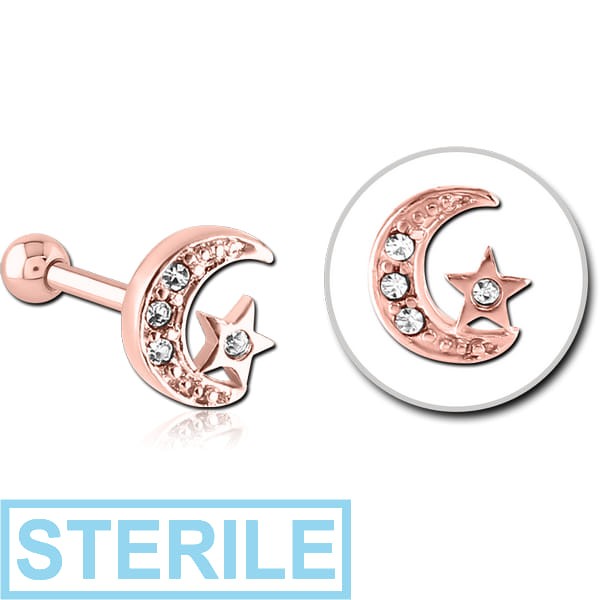 STERILE ROSE GOLD PVD COATED SURGICAL STEEL JEWELLED TRAGUS MICRO BARBELL - CRESCENT AND STAR