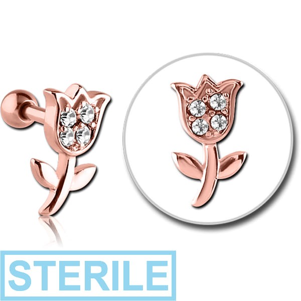 STERILE ROSE GOLD PVD COATED SURGICAL STEEL JEWELLED TRAGUS MICRO BARBELL - FLOWER