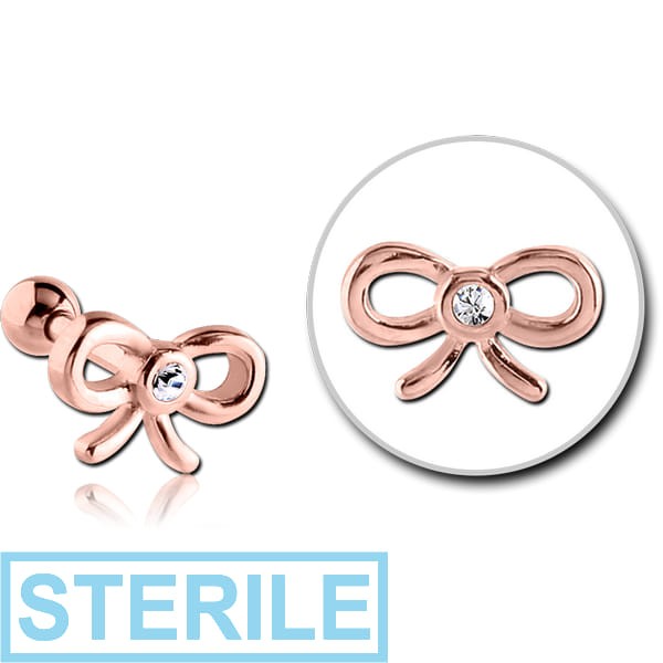 STERILE ROSE GOLD PVD COATED SURGICAL STEEL JEWELLED TRAGUS MICRO BARBELL - BOW