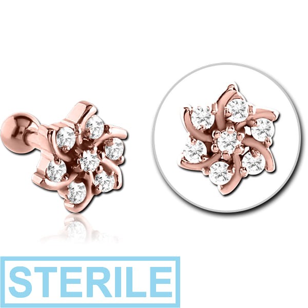 STERILE ROSE GOLD PVD COATED SURGICAL STEEL JEWELLED TRAGUS MICRO BARBELL - FLOWER