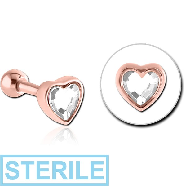 STERILE ROSE GOLD PVD COATED SURGICAL STEEL JEWELLED TRAGUS MICRO BARBELL - HEART