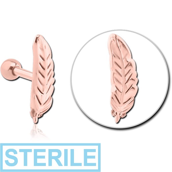 STERILE ROSE GOLD PVD COATED SURGICAL STEEL TRAGUS MICRO BARBELL - LEAF