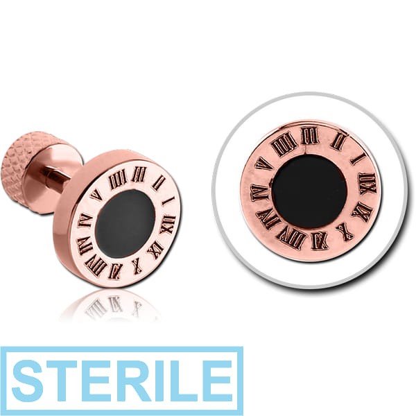 STERILE ROSE GOLD PVD COATED SURGICAL STEEL TRAGUS BARBELL - ROMAN CLOCK