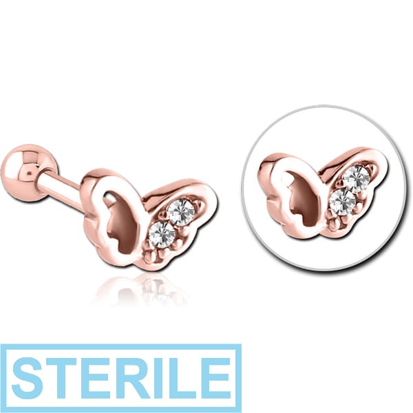 STERILE ROSE GOLD PVD COATED SURGICAL STEEL JEWELLED TRAGUS MICRO BARBELL - BUTTERFLY