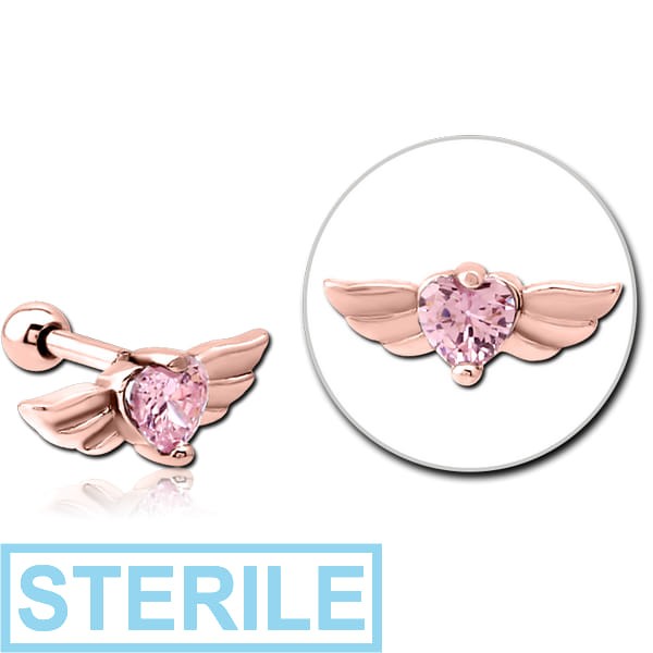 STERILE ROSE GOLD PVD COATED SURGICAL STEEL JEWELLED TRAGUS MICRO BARBELL - WINGED HEART