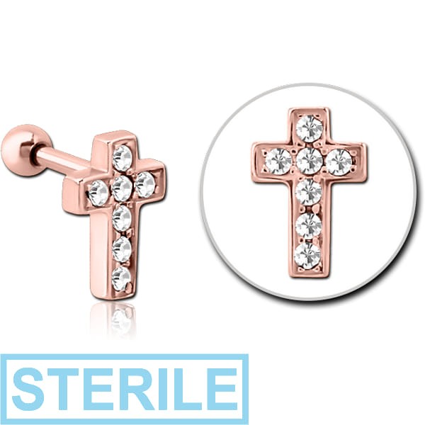 STERILE ROSE GOLD PVD COATED SURGICAL STEEL JEWELLED TRAGUS MICRO BARBELL - CROSS
