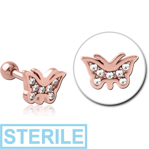 STERILE ROSE GOLD PVD COATED SURGICAL STEEL JEWELLED TRAGUS MICRO BARBELL - BUTTERFLY
