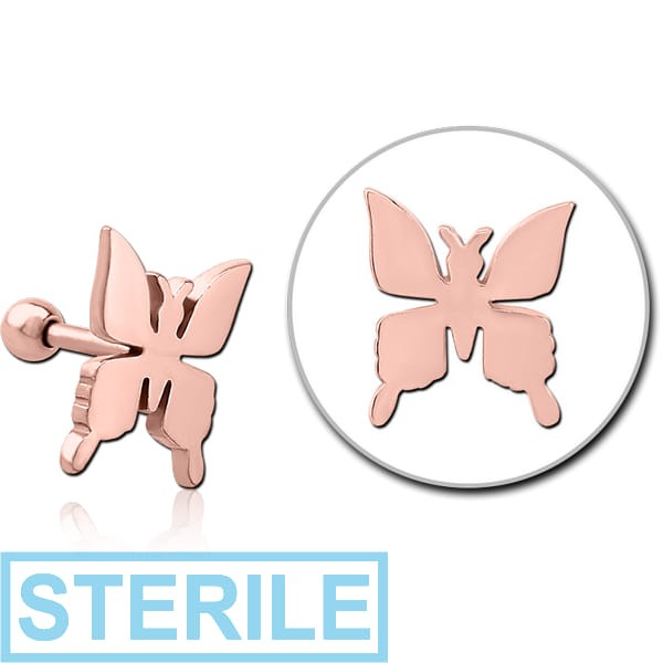 STERILE ROSE GOLD PVD COATED SURGICAL STEEL TRAGUS MICRO BARBELL - BUTTERFLY