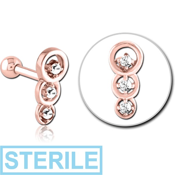 STERILE ROSE GOLD PVD COATED SURGICAL STEEL JEWELLED TRAGUS MICRO BARBELL - THREE CIRCLES