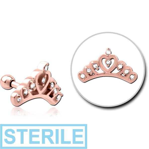 STERILE ROSE GOLD PVD COATED SURGICAL STEEL JEWELLED TRAGUS MICRO BARBELL - CROWN