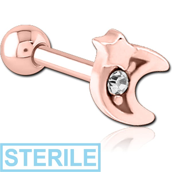 STERILE ROSE GOLD PVD COATED SURGICAL STEEL JEWELLED TRAGUS MICRO BARBELL - CRESCENT AND STAR