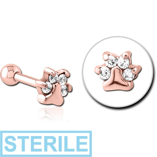 STERILE ROSE GOLD PVD COATED SURGICAL STEEL JEWELLED TRAGUS MICRO BARBELL - ANIMAL PAW