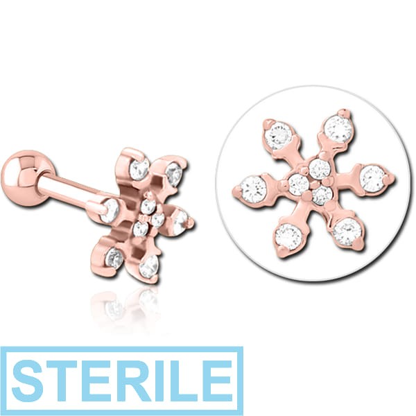 STERILE ROSE GOLD PVD COATED SURGICAL STEEL JEWELLED TRAGUS MICRO BARBELL - SNOWFLAKE