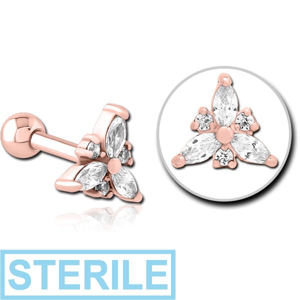 STERILE ROSE GOLD PVD COATED SURGICAL STEEL JEWELLED TRAGUS MICRO BARBELL - TRINITY