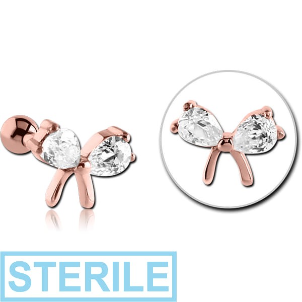 STERILE ROSE GOLD PVD COATED SURGICAL STEEL JEWELLED TRAGUS MICRO BARBELL - BOW