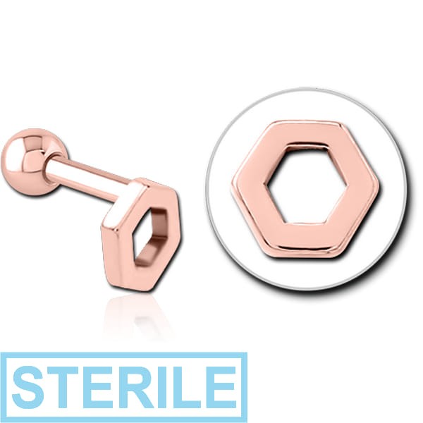 STERILE ROSE GOLD PVD COATED SURGICAL STEEL TRAGUS MICRO BARBELL - HEXAGON