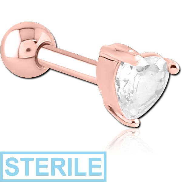 STERILE ROSE GOLD PVD COATED SURGICAL STEEL JEWELLED TRAGUS MICRO BARBELL - HEART